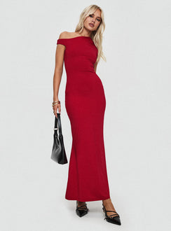 side view of model wearing Princess Polly Beller Maxi Dress Red Asymmetric Neckline 