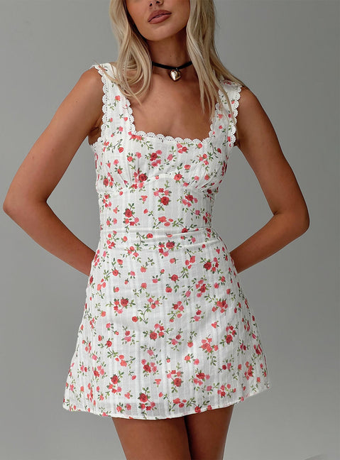 front view of model wearing Princess Polly Dasha Mini Dress White Floral Tall Square Neck 