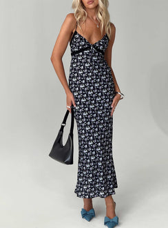 front view of model wearing Princess Polly Emily Maxi Dress Black / Floral Plunger 