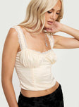 Cream Corset top Silky material, fixed straps, lace trim detail, invisible zip fastening