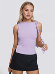 front view of model wearing Princess Polly Garland Top Purple Sleeveless Boat Neck 