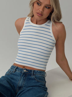side view of model wearing Princess Polly Dupuis Top White / Blue Sleeveless Crew Neck 