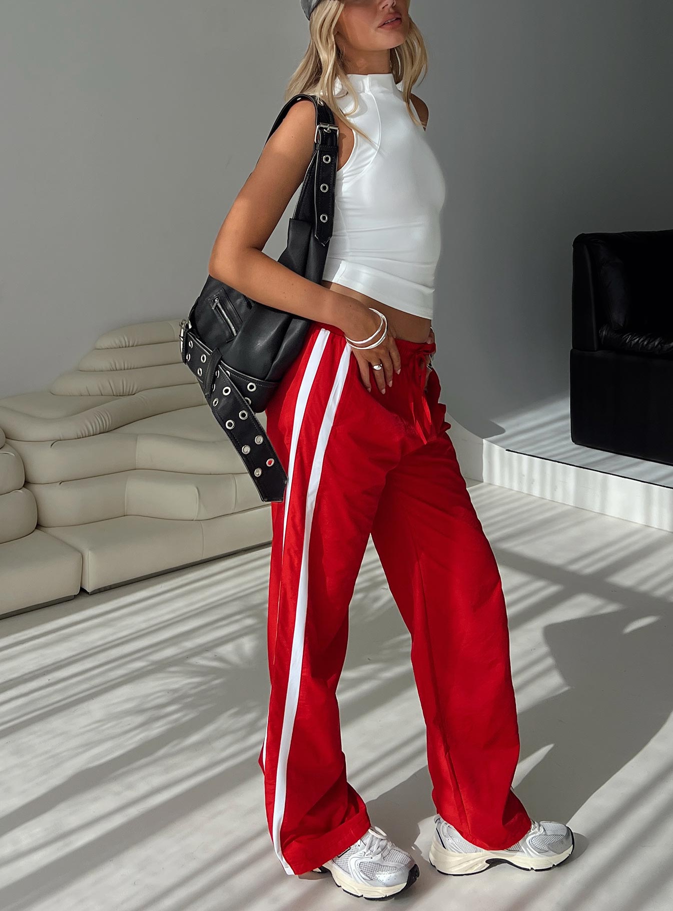 front view of model wearing Princess Polly Keli Track Pants Red / White High Waisted Pants 