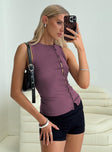 side view of model wearing Princess Polly Shanton Top Purple Sleeveless Crew Neck 