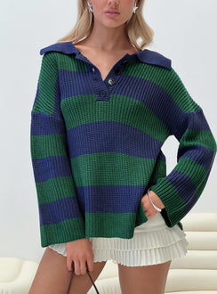front view of model wearing Princess Polly Olivah Jumper Blue / Green Long 