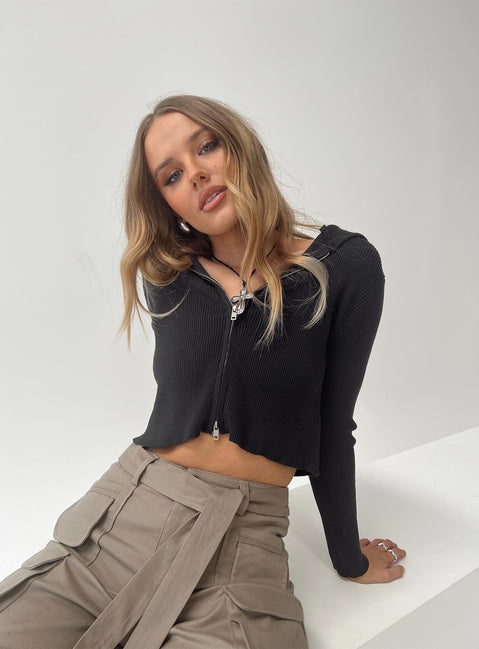 back view of model wearing Princess Polly Cher Zip Up Knit Sweater Black Cropped 