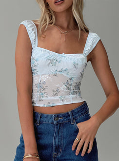 front view of model wearing Princess Polly Mallorca Top Blue Sleeveless Square Neck 