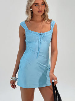 front view of model wearing Princess Polly Callentani Mini Dress Blue Scoop Neck 