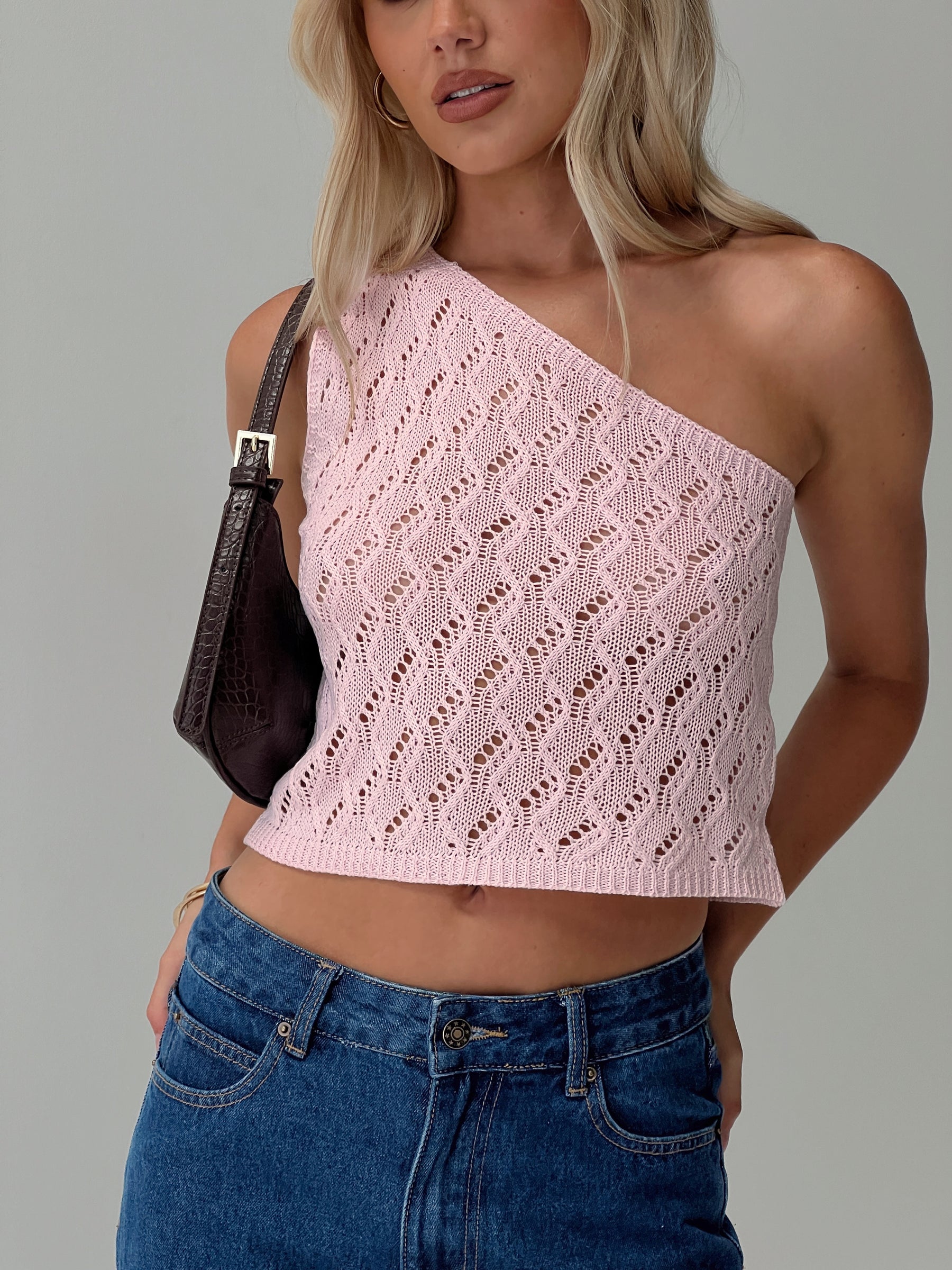 Anthinie One Shoulder Top Pink Sleeveless Asymmetric Neckline 