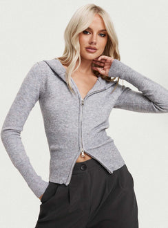 front view of model wearing Princess Polly Elingford Zip Up Hooded Sweater Lilac Marle Long 