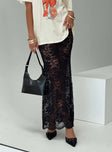   side view of model wearing Princess Polly Lombardio Lace Maxi Skirt Black Maxi 