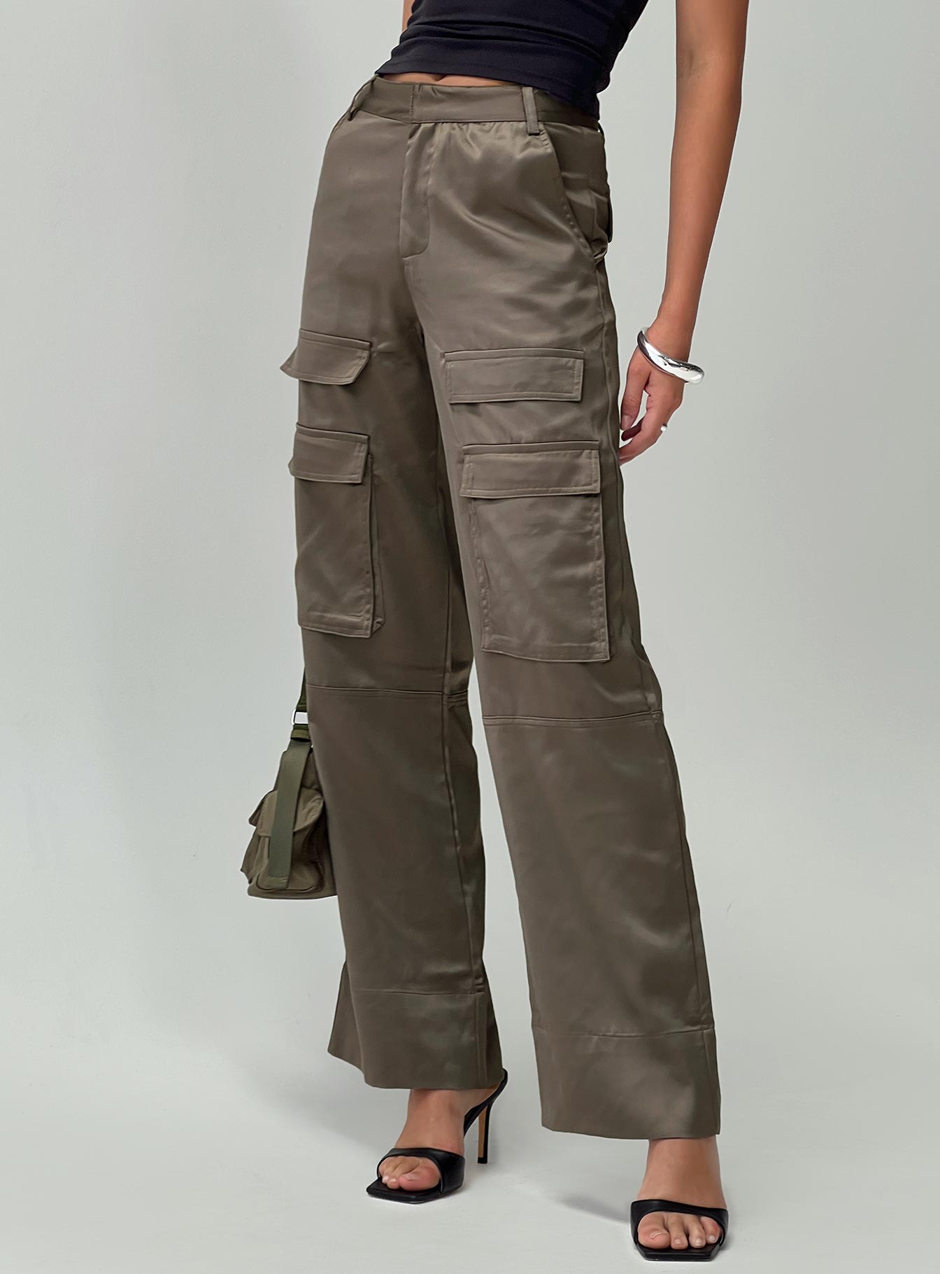 front view of model wearing Princess Polly Crimsen Cargo Pants Chocolate High Waisted Pants 