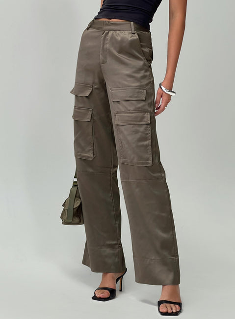 front view of model wearing Princess Polly Crimsen Cargo Pants Chocolate High Waisted Pants 