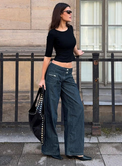 Unwritten Mid Rise Wide Leg Jeans Dunkelblaue Waschung