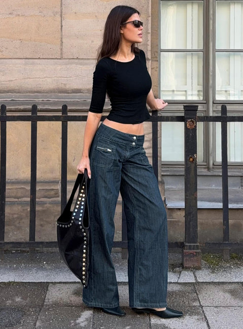 Unwritten Mid Rise Wide Leg Jeans Dunkelblaue Waschung
