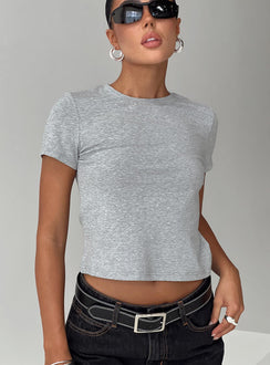 front view of model wearing Princess Polly Alonza Tee Grey Short Sleeves Crew Neck 