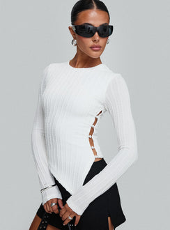 front view of model wearing Princess Polly Yulkie Long Sleeve Top White Full Sleeves Crew Neck 