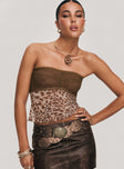 front view of model wearing Princess Polly Art Deco Top Brown Sleeveless straight 