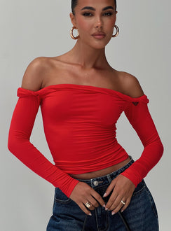 front view of model wearing Princess Polly Dusky Long Sleeve Top Red Full Sleeves straight 