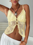 side view of model wearing Princess Polly Juliana Top Light Yellow Lace Sleeveless V-Neck 