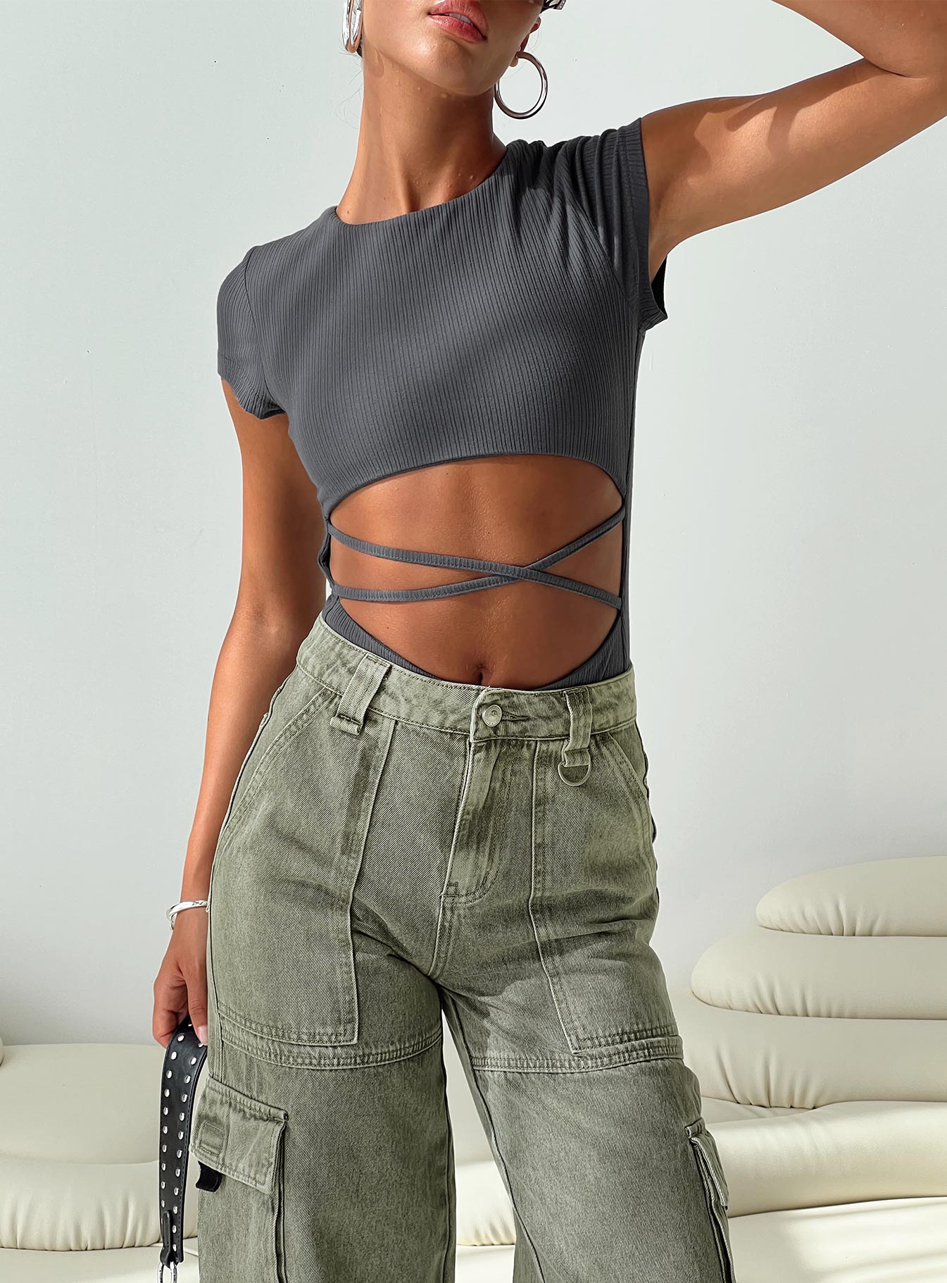 front view of model wearing Princess Polly Nicola Bodysuit Slate Short Sleeves Crew Neck 