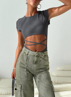 front view of model wearing Princess Polly Nicola Bodysuit Slate Short Sleeves Crew Neck 