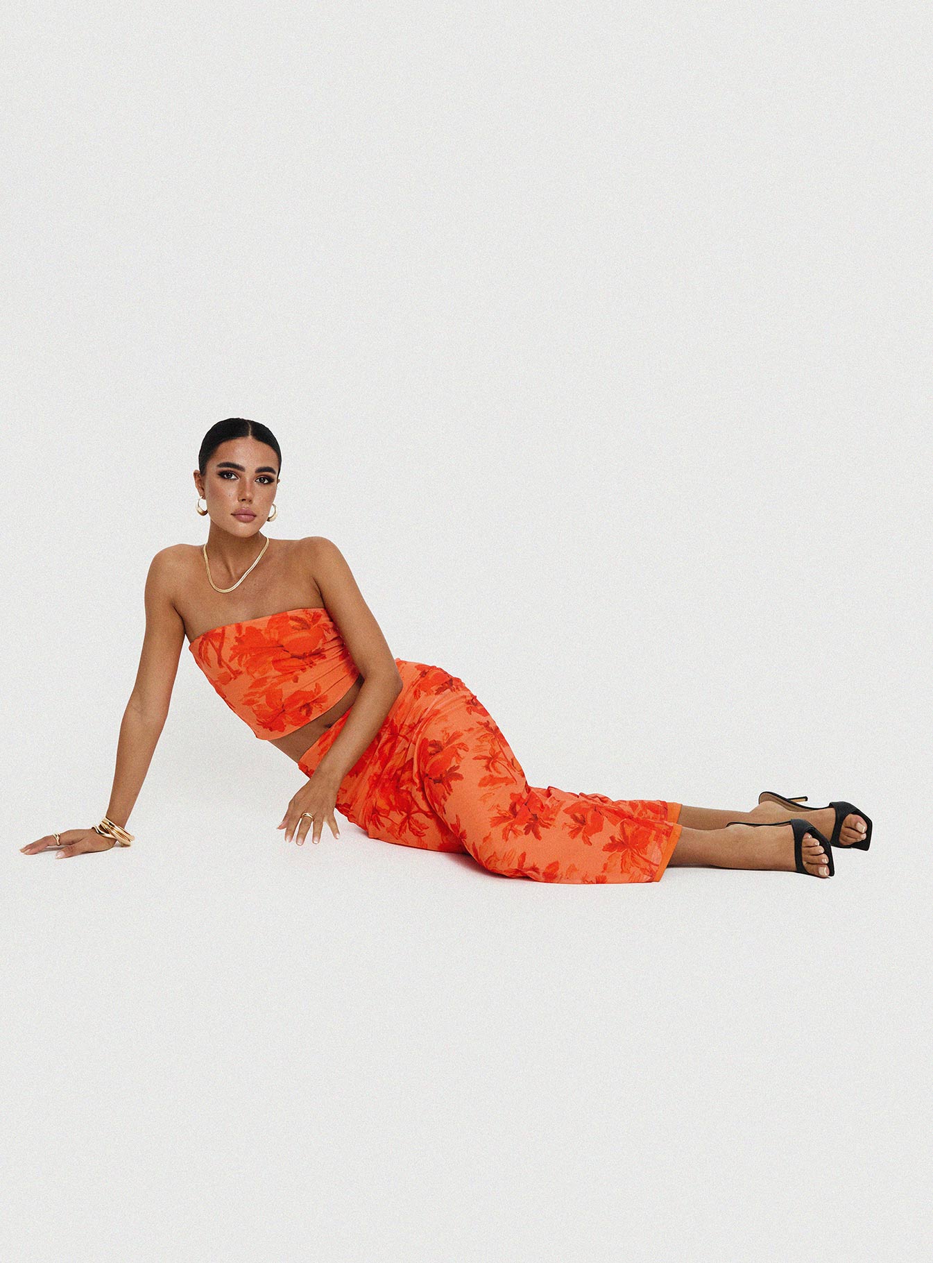 Floral two piece set Strapless crop top, inner silicone strip at bust Low rise maxi skirt Good stretch, fully lined Princess Polly Lower Impact 