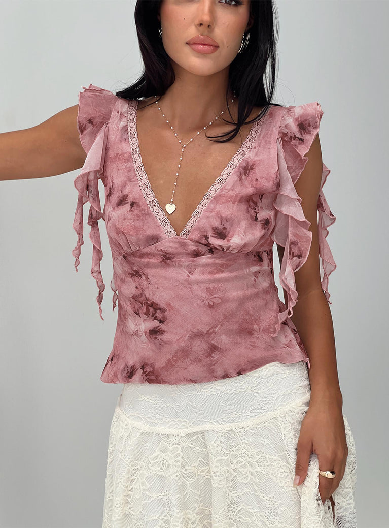 front view of model wearing Princess Polly Miztry Top Pink Short Sleeves V-Neck 