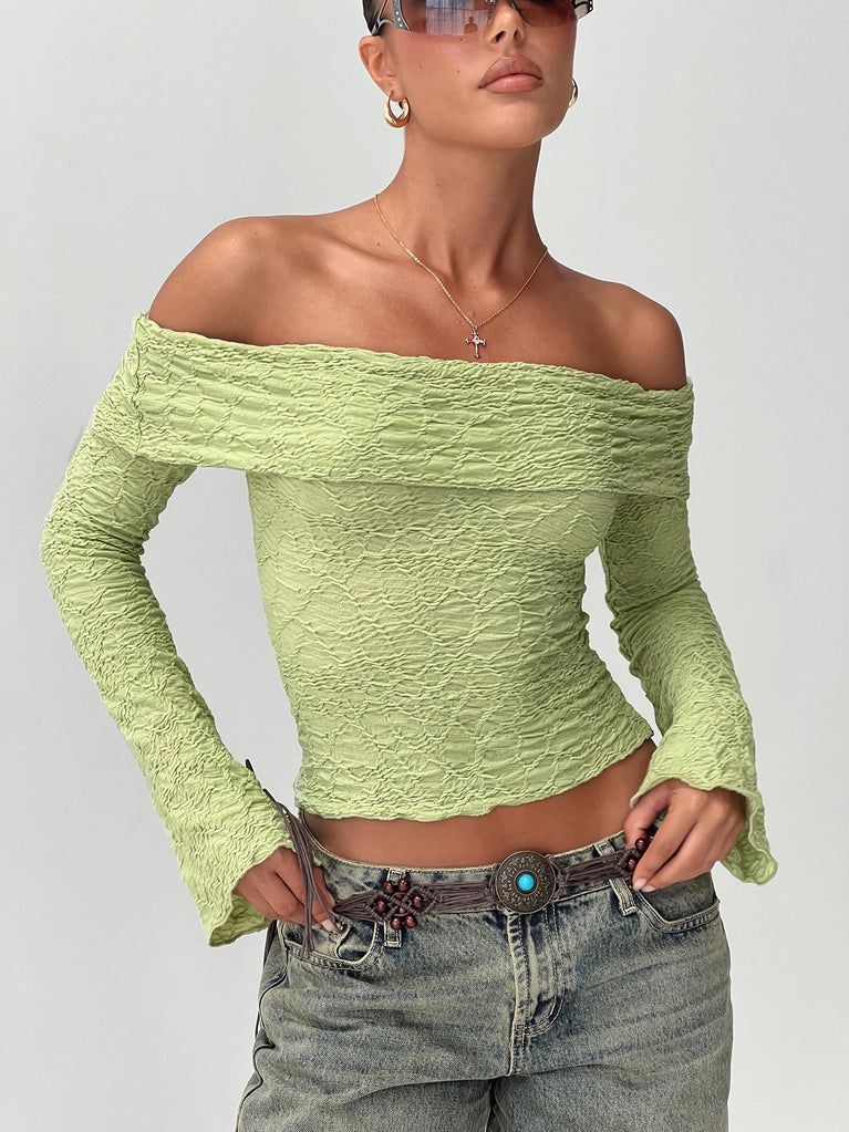 front view of model wearing Princess Polly Back With Love Off Shoulder Long Sleeve Top Green Full Sleeves straight 