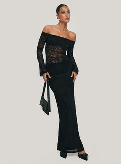 side view of model wearing Princess Polly Pinot Grigio Long Sleeve Lace Maxi Dress Black Straight Neck 