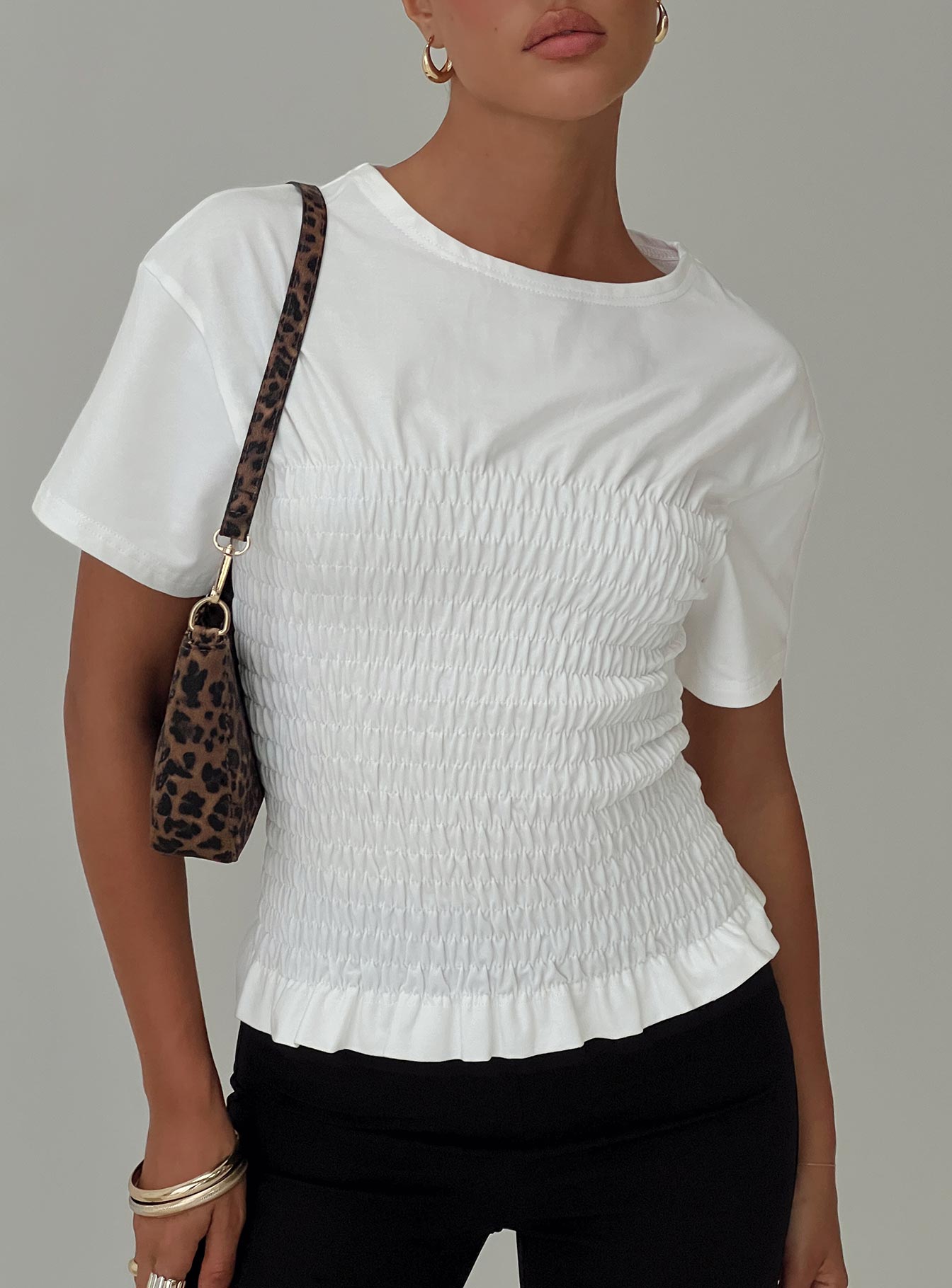 front view of model wearing Princess Polly Maybe Tomorrow Ruched Top White Short Sleeves Crew Neck 