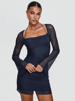 front view of model wearing Princess Polly Bilbao Long Sleeve Mini Dress Navy Square Neck 