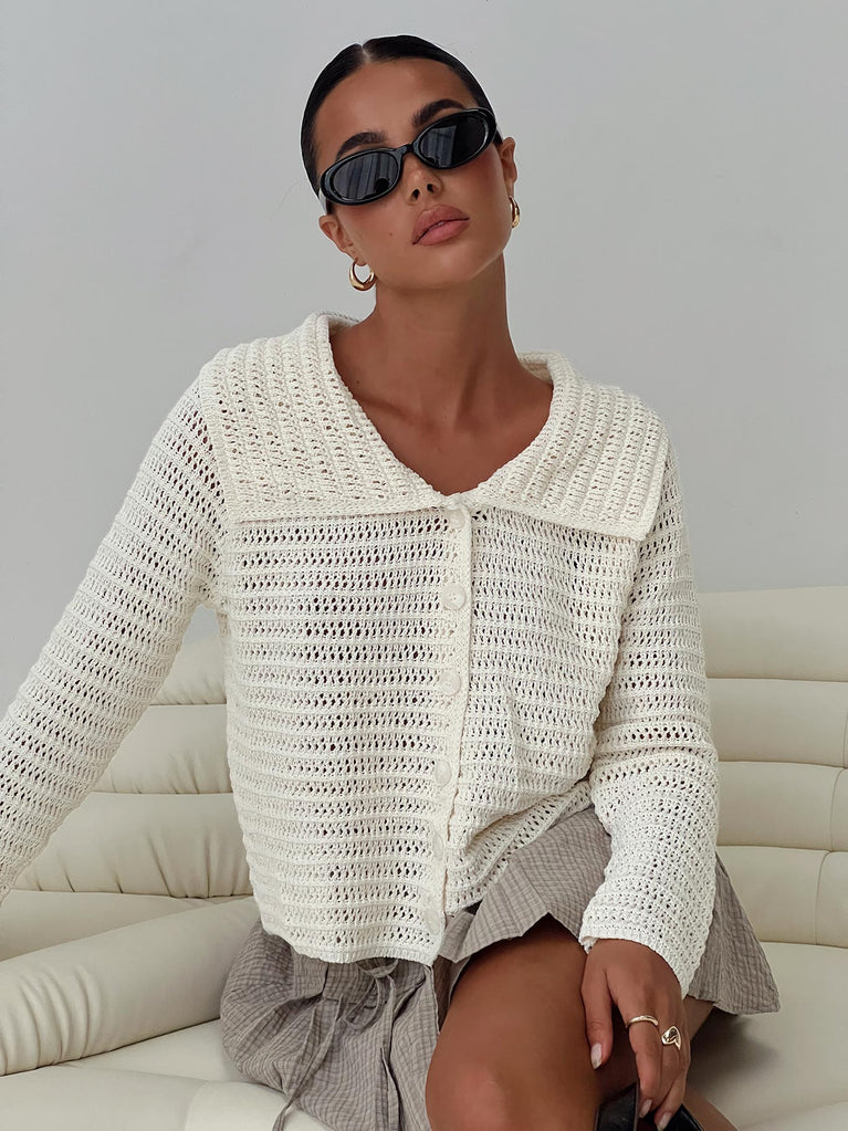 front view of model wearing Princess Polly Tuscon Crochet Sweater White 