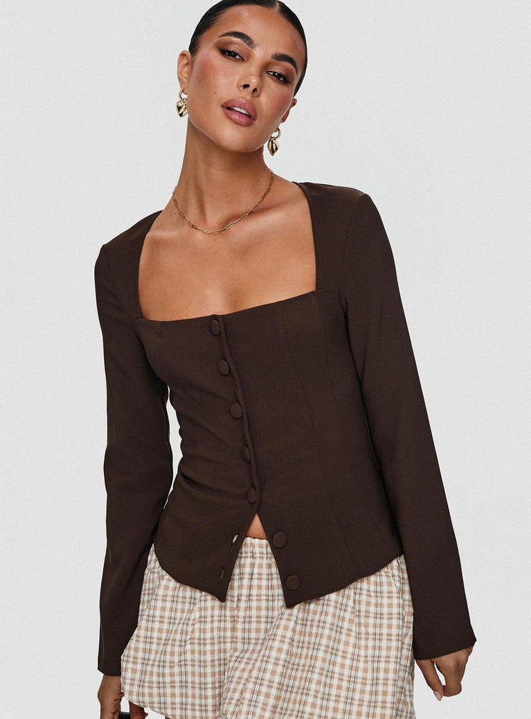 front view of model wearing Princess Polly Gaskin Long Sleeve Top Brown Full Sleeves Square Neck 