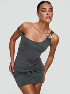back view of model wearing Princess Polly True Desires Off The Shoulder Mini Dress Grey Asymmetric Neckline 