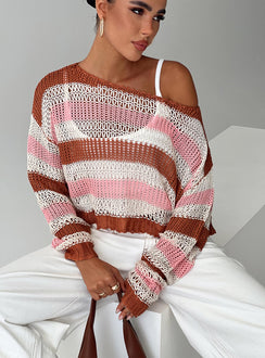 back view of model wearing Princess Polly Perren Sweater Pink / Brown Stripe Cropped 