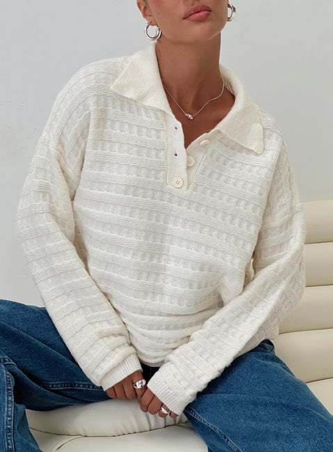 front view of model wearing Princess Polly Autumnal Collared Sweater Cream 