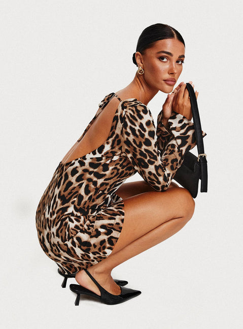 product Princess Polly Boat Neck Boat Neck  Harmony Long Sleeve Mini Dress Leopard
