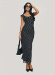 Maxi dress Polka dot print, straight neckline, cap sleeves, invisible zip fastening Good stretch, unlined 