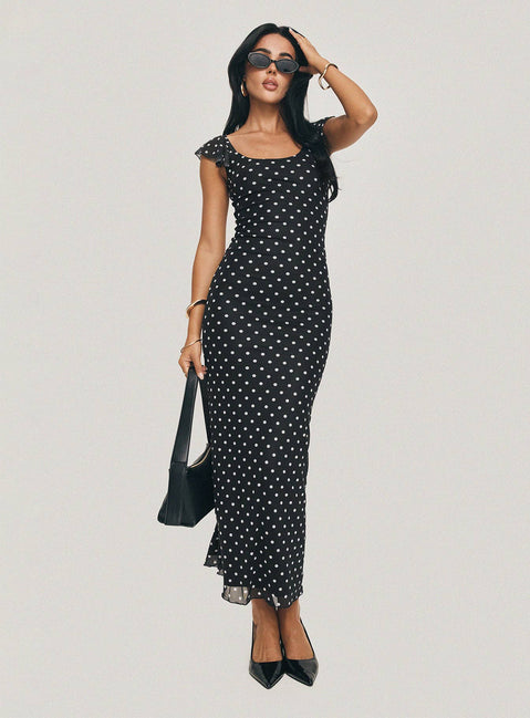 front view of model wearing Princess Polly Sandberg Maxi Dress Black Polka Dot Scoop Neck 