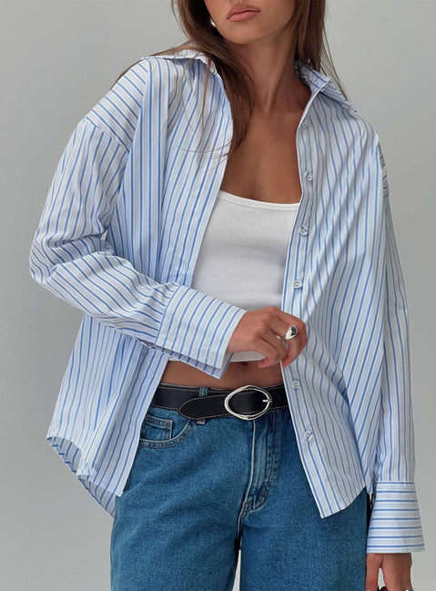 side view of model wearing Princess Polly Mallin Shirt Blue / White Stripe Full Sleeves V-Neck 