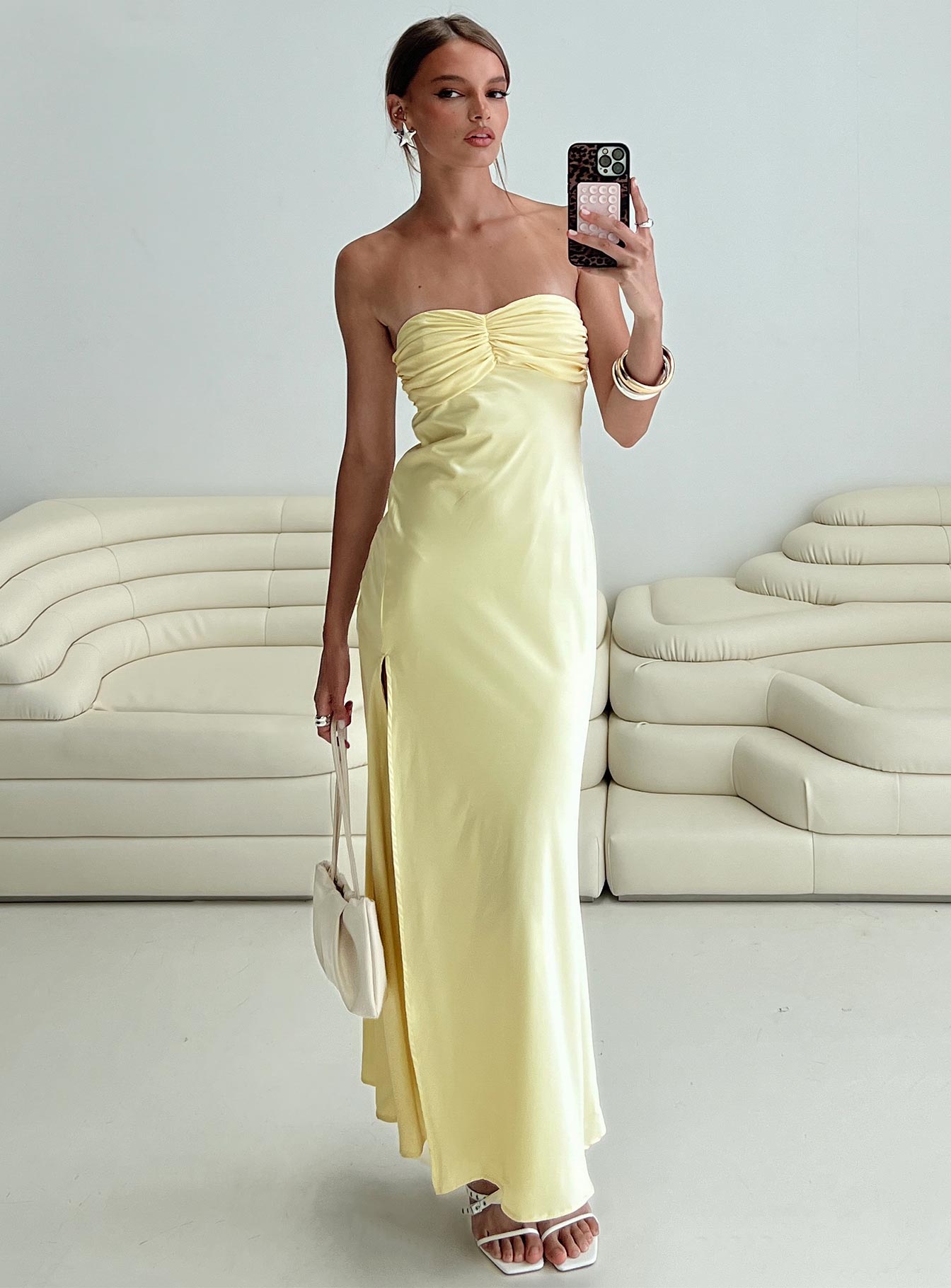 back view of model wearing Princess Polly Chevalier Strapless Maxi Dress Lemon Sweetheart Neckline 