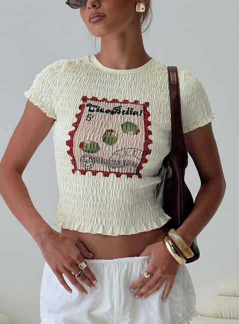 front view of model wearing Princess Polly Ciao Bella Shirred Graphic Top Cream Short Sleeves Crew Neck 