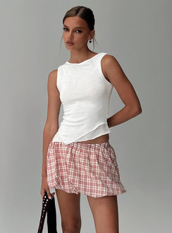 front view of model wearing Princess Polly Cydnee Bubble Hem Mini Skort Red Multi Low Rise Shorts 