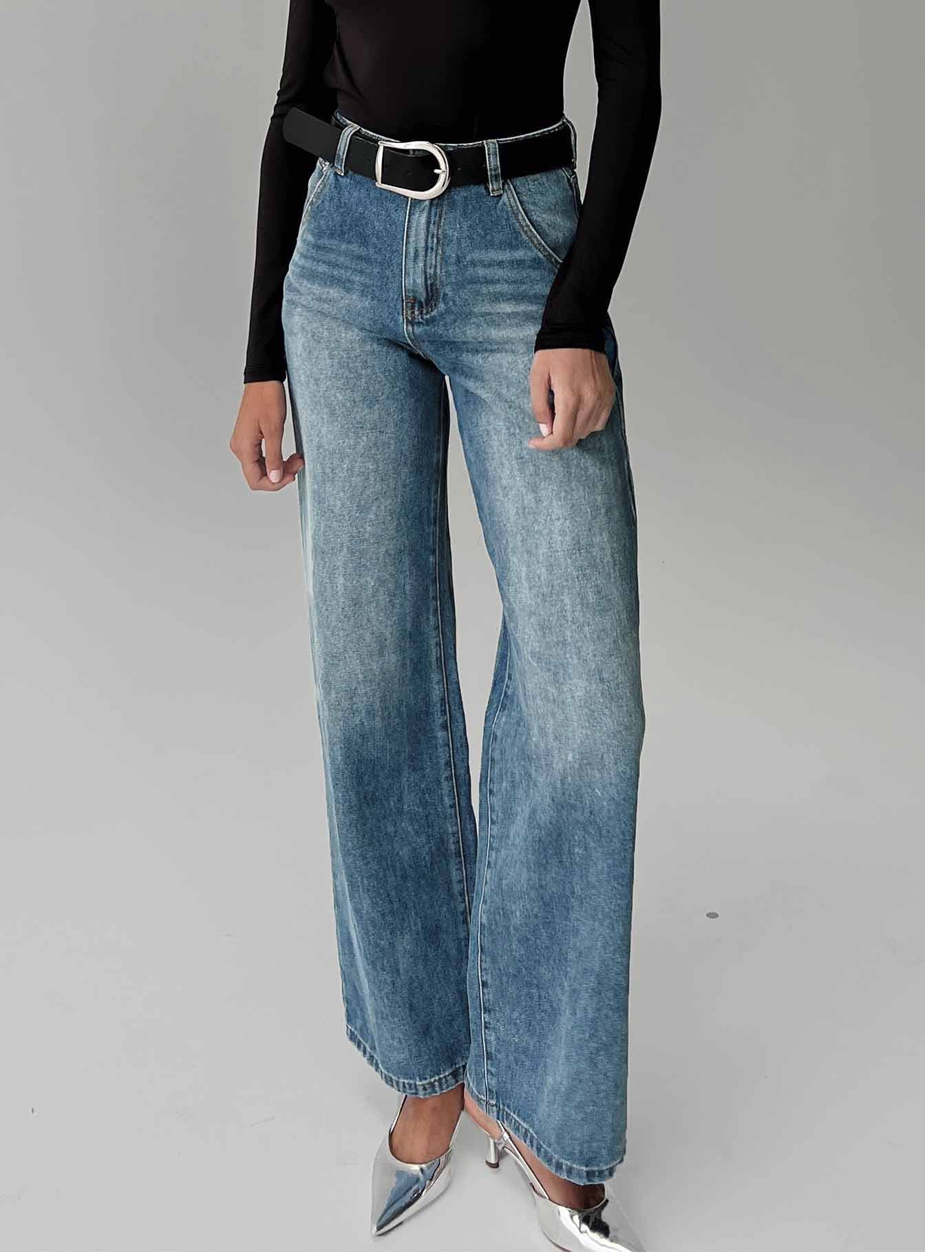 front view of model wearing Princess Polly Sacramento Straight Leg Jeans Mid Blue Denim High Waisted 