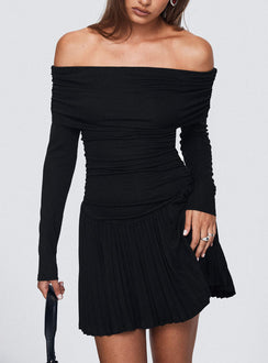 front view of model wearing Princess Polly Field Of Dreams Long Sleeve Mini Dress Onyx Straight Neck 