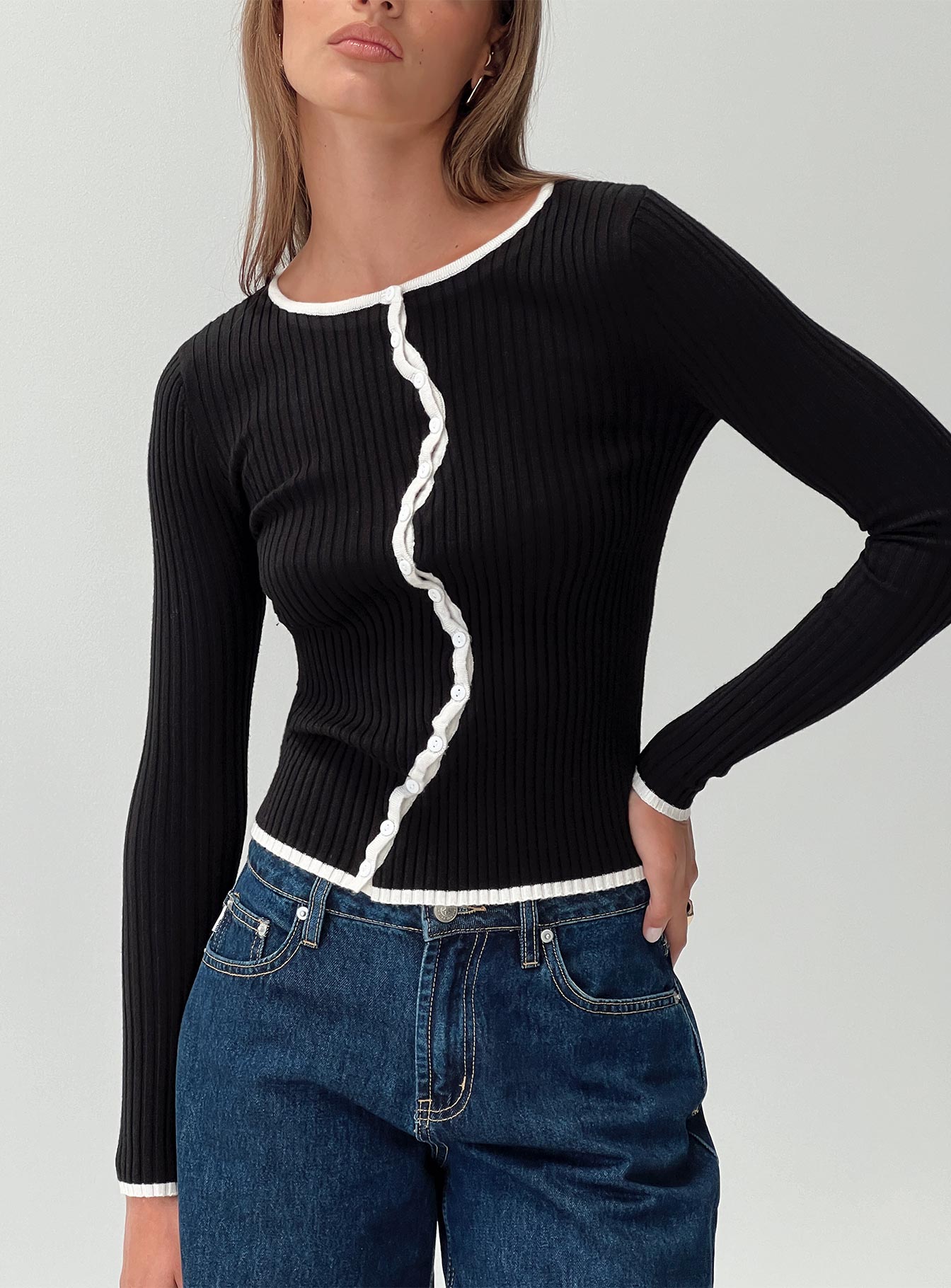 front view of model wearing Princess Polly Bring Me Closer Button Up Long Sleeve Top Black / White Full Sleeves Crew Neck 