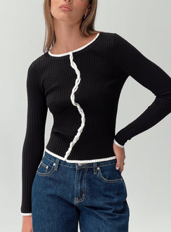 front view of model wearing Princess Polly Bring Me Closer Button Up Long Sleeve Top Black / White Full Sleeves Crew Neck 