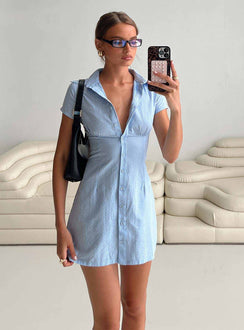 front view of model wearing Princess Polly Motley Mini Dress Blue Stripe V-Neck 