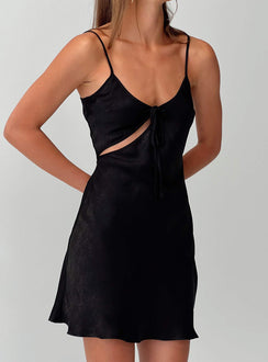 front view of model wearing Princess Polly Linger Bias Cut Dress Black V-Neck 
